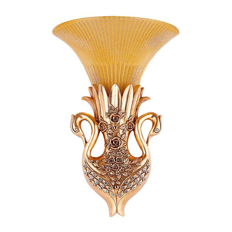 Swan Sconce Lamp: Farmhouse Resin Single Bulb Wall Lighting With Gold Finish And Fluted Glass Shade