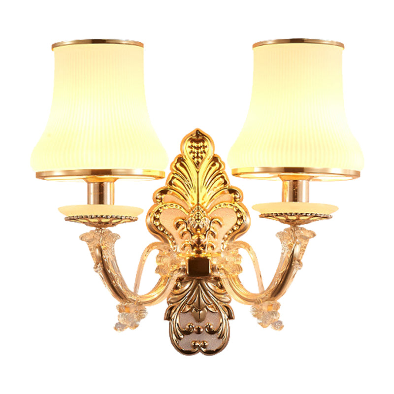 Rural Gold Glass Wall Sconce Light With Crystal Ball Droplet - 2 Heads Tapered Design