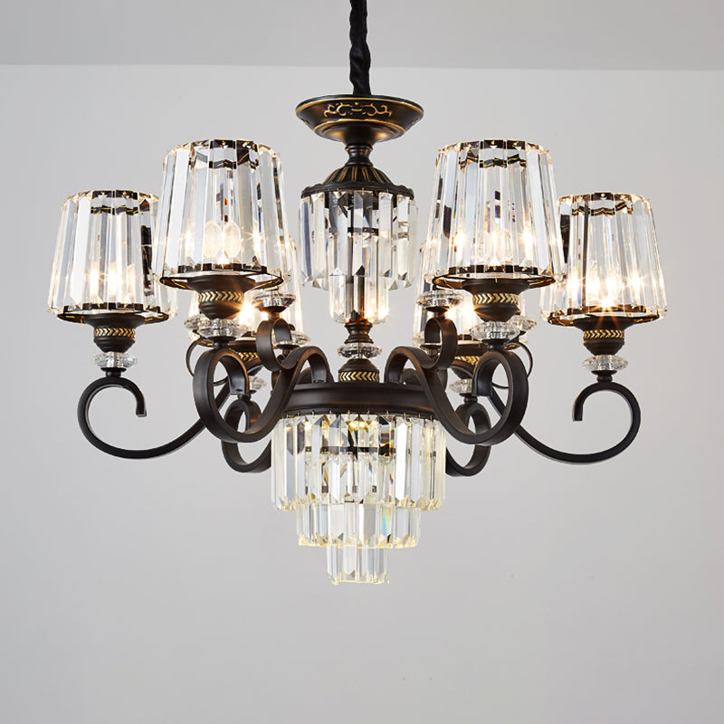 Minimalist 3-Tier Black Crystal Chandelier - 3/6 Lights With Conical Shade