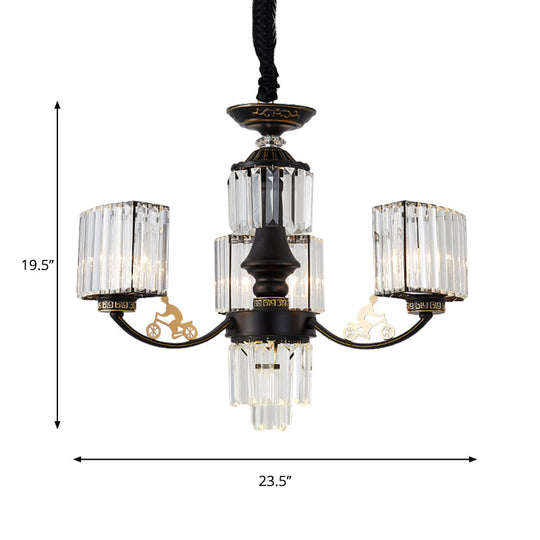 Modern Black Cuboid Chandelier With Clear Crystal Shades - 3/6 Heads Ceiling Light Fixture