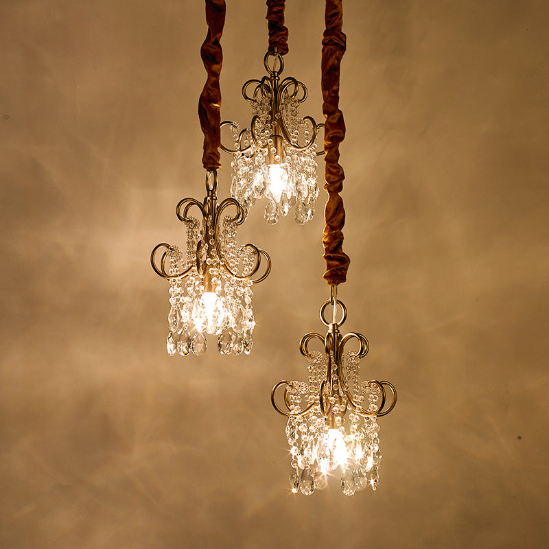 Simplistic Gold Metal Curvy Arm Multi Pendant Light With Crystal Strands - 3 Heads Ceiling Lighting