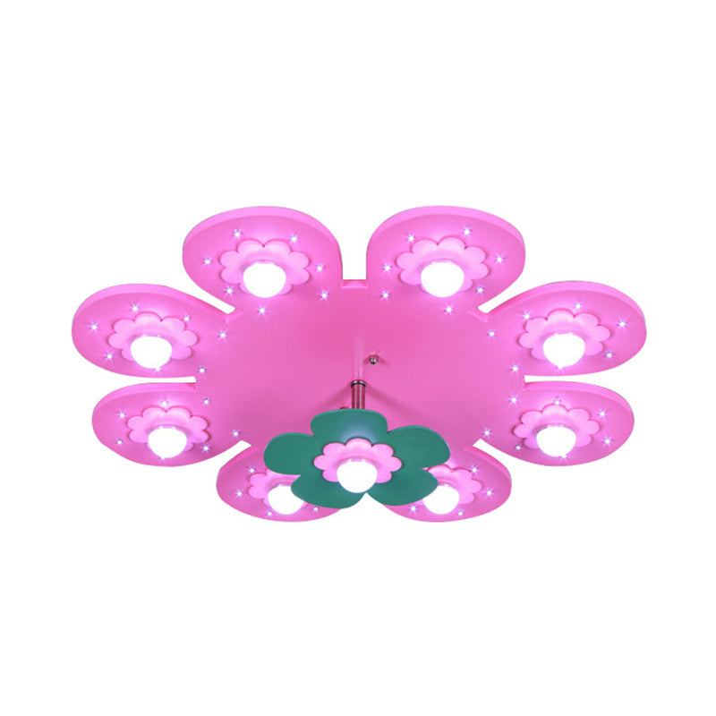 9-Light Flower Flush Mount Kids Wood Ceiling Lamp For Nursing Room And Girl’s Bedroom