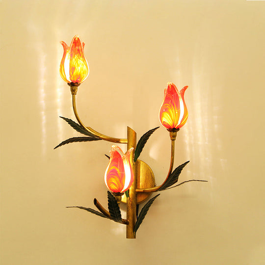 Retro Gradient Pink/Red Tulip Sconce - 3-Light Wall Lighting For Stylish Living Room Decor