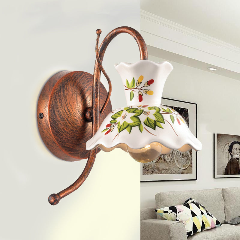 Flower-Patterned Ceramic Wall Sconce With Scalloped Design 1 Bulb White Copper Gooseneck Arm -