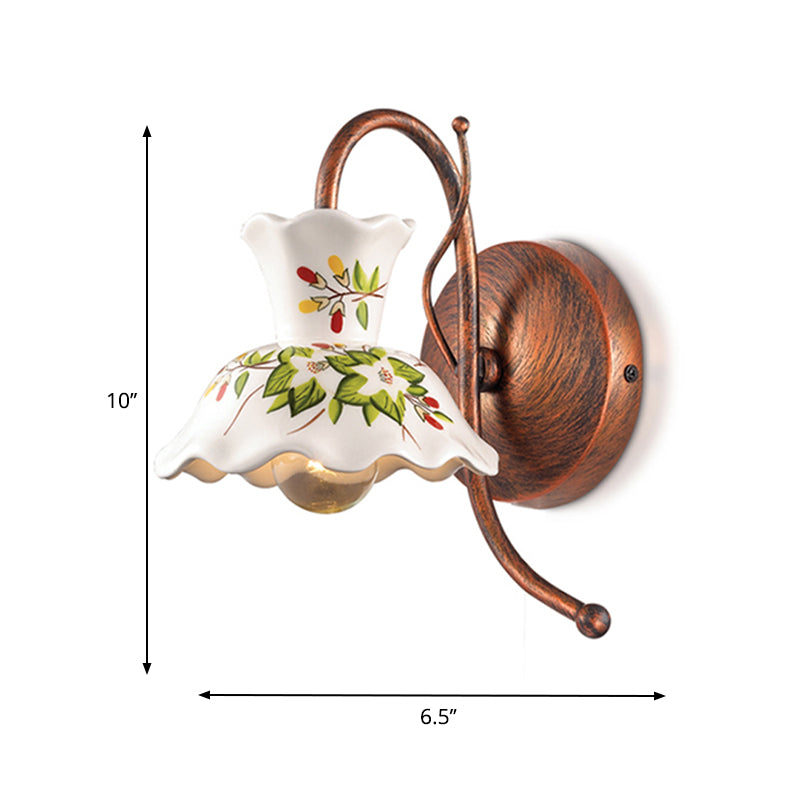 Flower-Patterned Ceramic Wall Sconce With Scalloped Design 1 Bulb White Copper Gooseneck Arm -