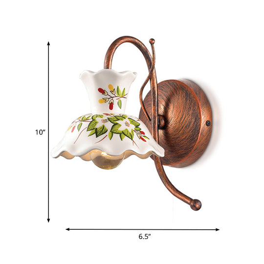 Flower-Patterned Ceramic Wall Sconce With Scalloped Design 1 Bulb White Copper Gooseneck Arm -