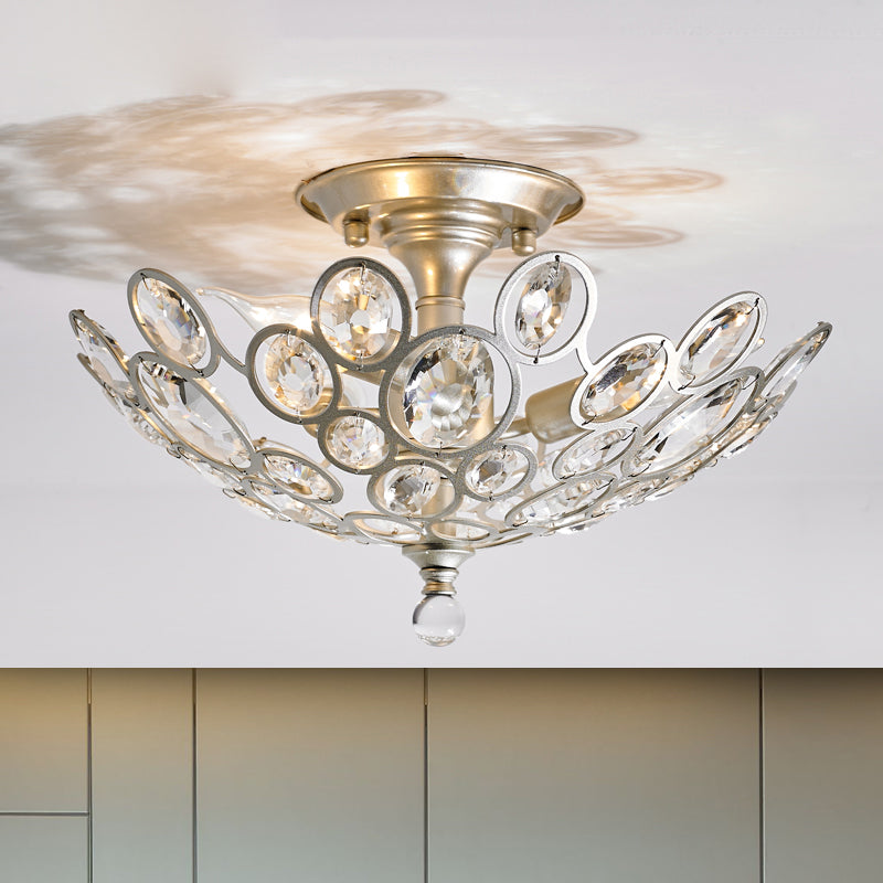 Crystal Flushmount Retro Silver/Gold Bubble Ring Chandelier Lighting - 3 - Bulb Clear Faceted Ideal