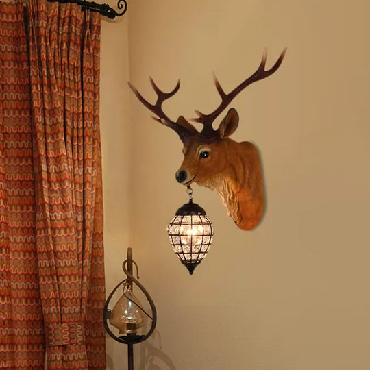 Rustic Elk Resin Wall Sconce Lamp In Brown With Crystal Waterdrop Shade / 20