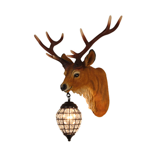 Rustic Elk Resin Wall Sconce Lamp In Brown With Crystal Waterdrop Shade