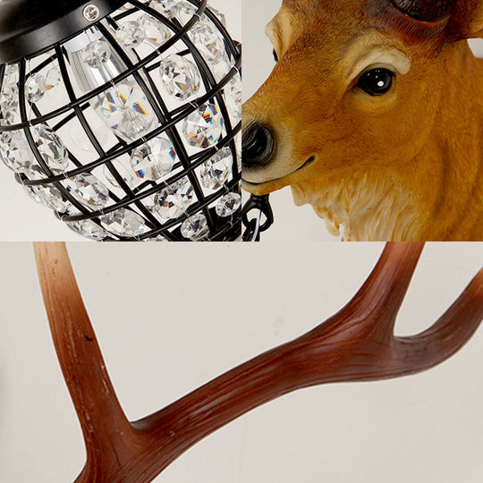 Rustic Elk Resin Wall Sconce Lamp In Brown With Crystal Waterdrop Shade