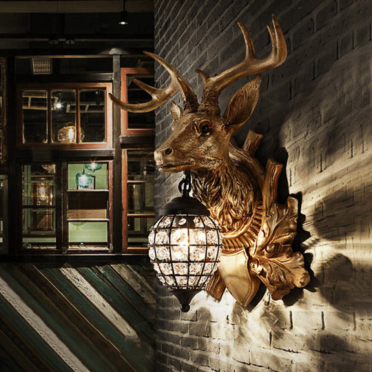 Ellipsoid Crystal Sconce With Gold Antler Backplate - Living Room Wall Mount Lighting For Farmhouse