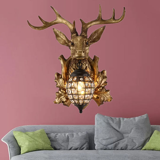 Ellipsoid Crystal Sconce With Gold Antler Backplate - Living Room Wall Mount Lighting For Farmhouse