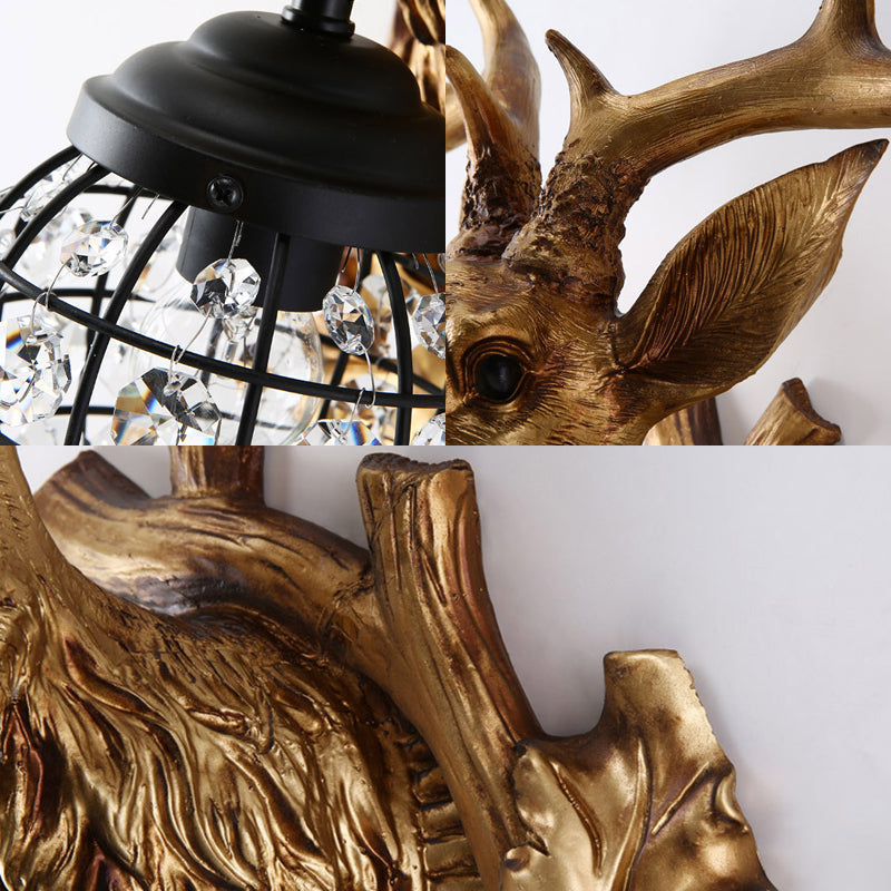 Ellipsoid Crystal Sconce With Gold Antler Backplate - Living Room Wall Mount Lighting For Farmhouse