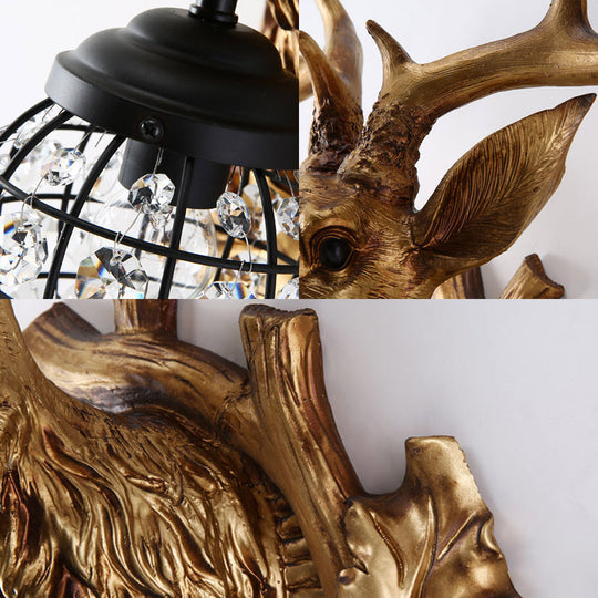 Ellipsoid Crystal Sconce With Gold Antler Backplate - Living Room Wall Mount Lighting For Farmhouse