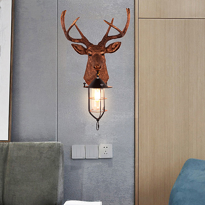 Vintage Resin Deer-Head Wall Lamp Sconce With Cage - Brown 1 Bulb Mount Lighting