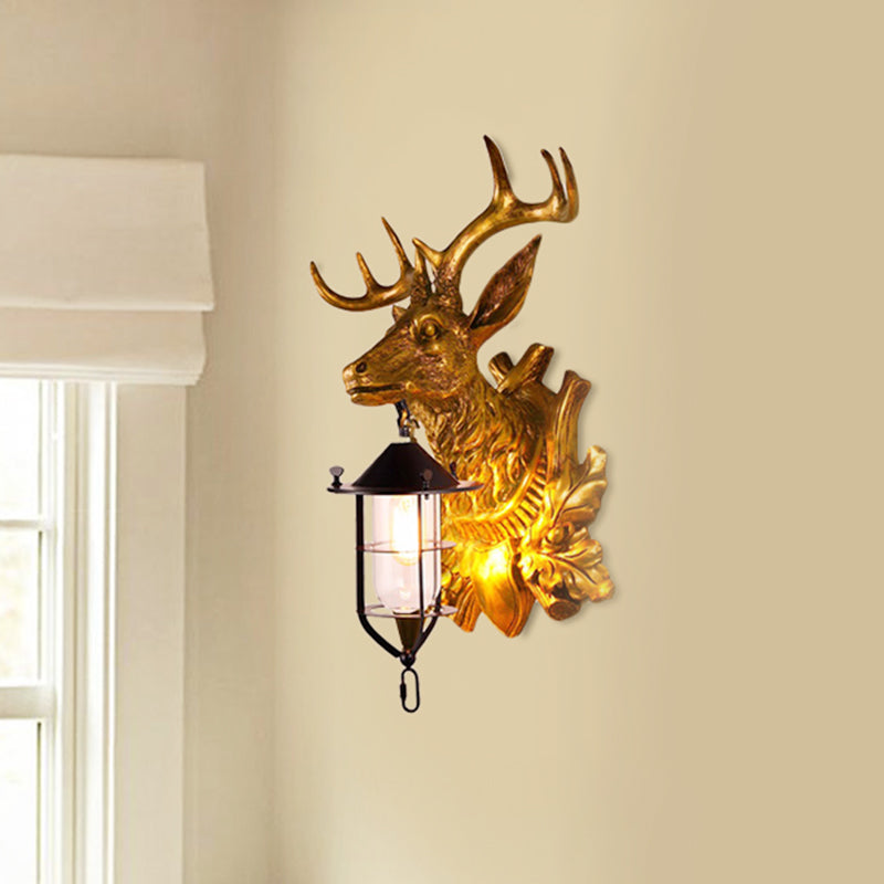 Farmhouse Gold Resin Deer Head Sconce Light: 1-Light Wall Mount Lamp For Doors