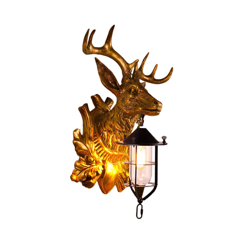 Farmhouse Gold Resin Deer Head Sconce Light: 1-Light Wall Mount Lamp For Doors