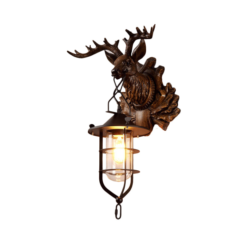 Black Iron Wire Cage Sconce With Deer Head Backplate - Countryside 1 Light Wall Lighting For Living