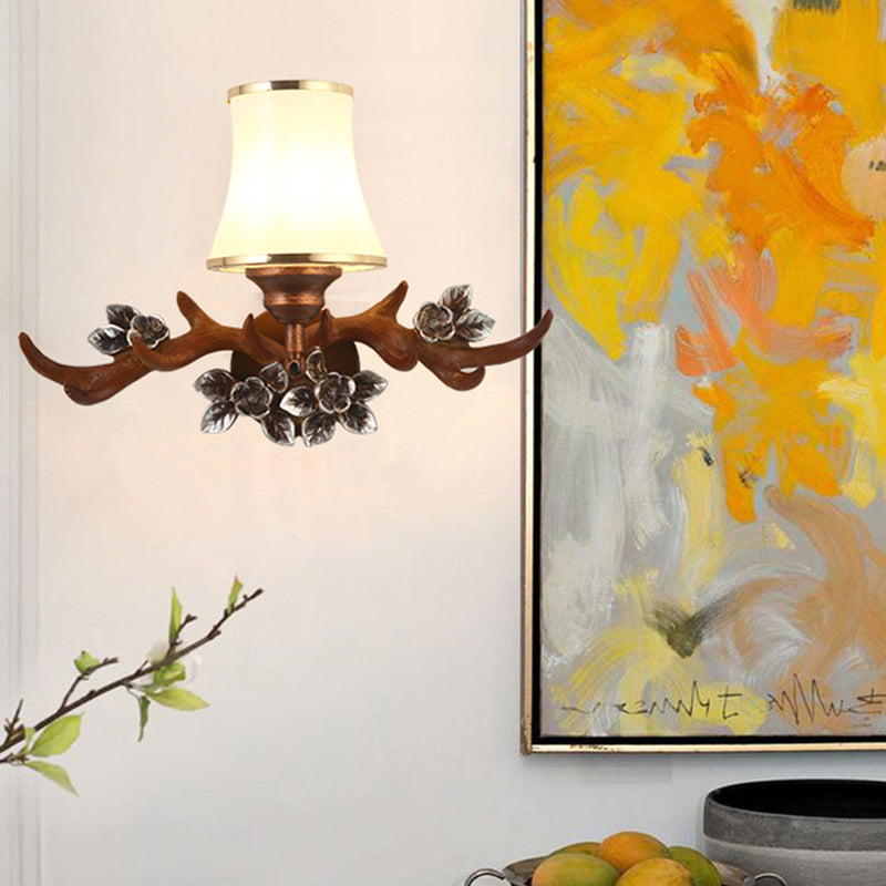 Rustic Brown Antler Sconce Lighting: 1-Light Resin Wall Lamp With Opal Glass Shade