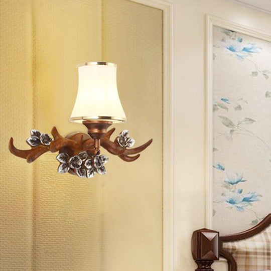 Rustic Brown Antler Sconce Lighting: 1-Light Resin Wall Lamp With Opal Glass Shade