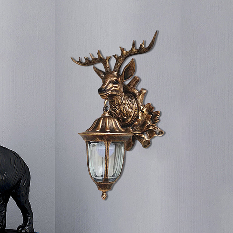 Bronze/Brown Elk Head Wall Mounted Light - Farmhouse Resin Sconce With Glass Shade