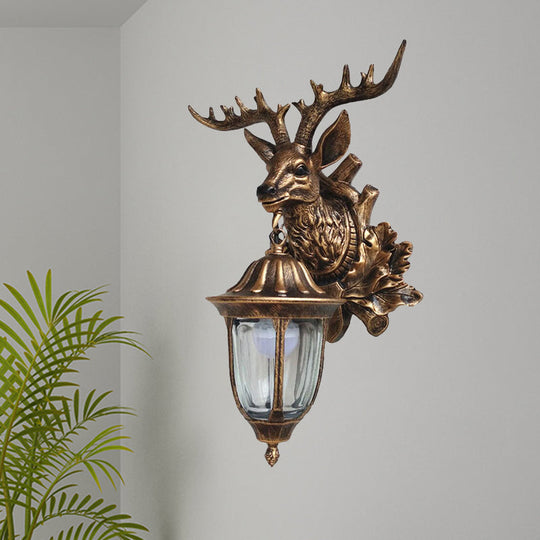Bronze/Brown Elk Head Wall Mounted Light - Farmhouse Resin Sconce With Glass Shade Bronze
