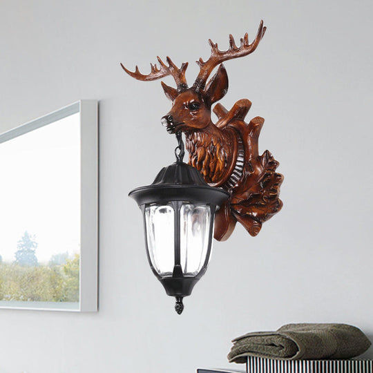 Bronze/Brown Elk Head Wall Mounted Light - Farmhouse Resin Sconce With Glass Shade