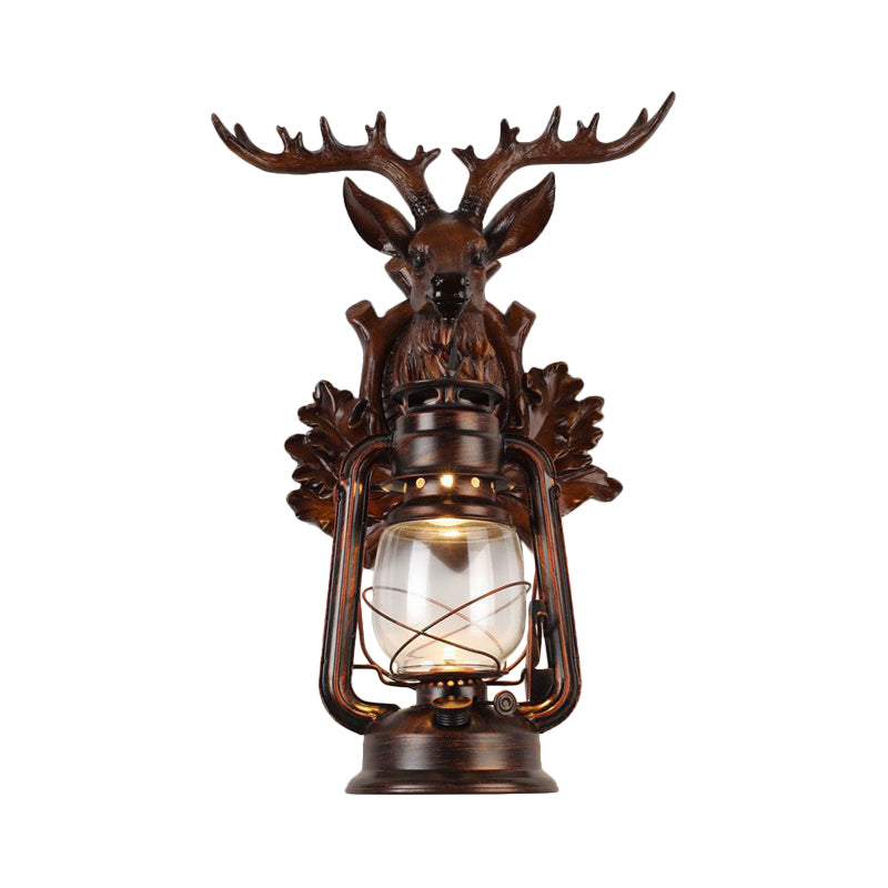 Rustic Elk Backplate Wall Lamp - Flameless Kerosene Sconce With Brown/Bronze Glass