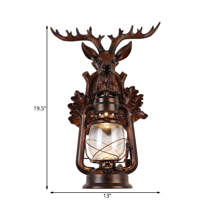 Rustic Elk Backplate Wall Lamp - Flameless Kerosene Sconce With Brown/Bronze Glass