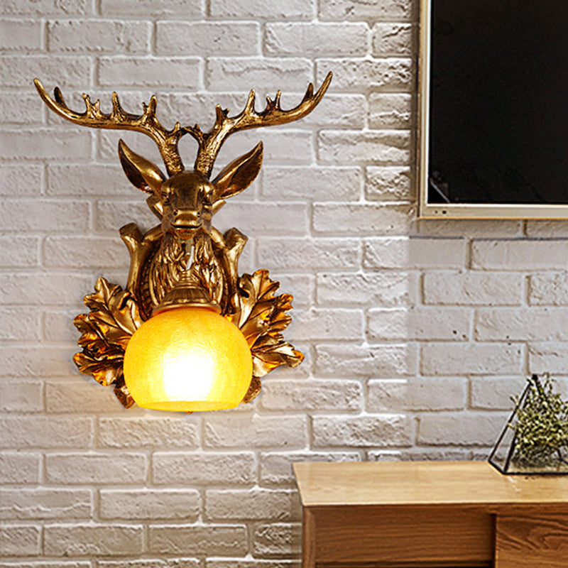 Dome Amber Glass Sconce Wall Lamp With Deer Head Backplate - Rural Lighting For Sitting Room 12/19.5