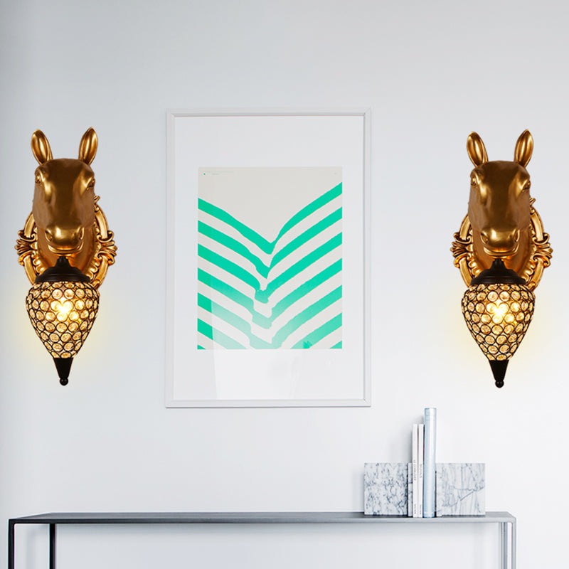 Rustic Black Raindrop Wall Mounted Crystal Lamp With Horse/Deer Head - Bedside Sconce Brown / Horse