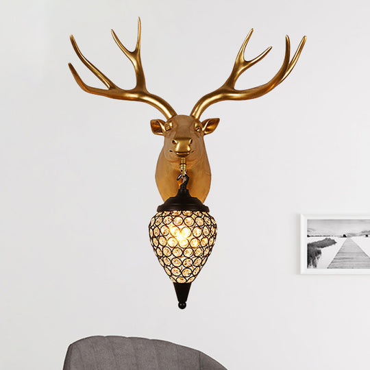 Rustic Black Raindrop Wall Mounted Crystal Lamp With Horse/Deer Head - Bedside Sconce Brown / Deer