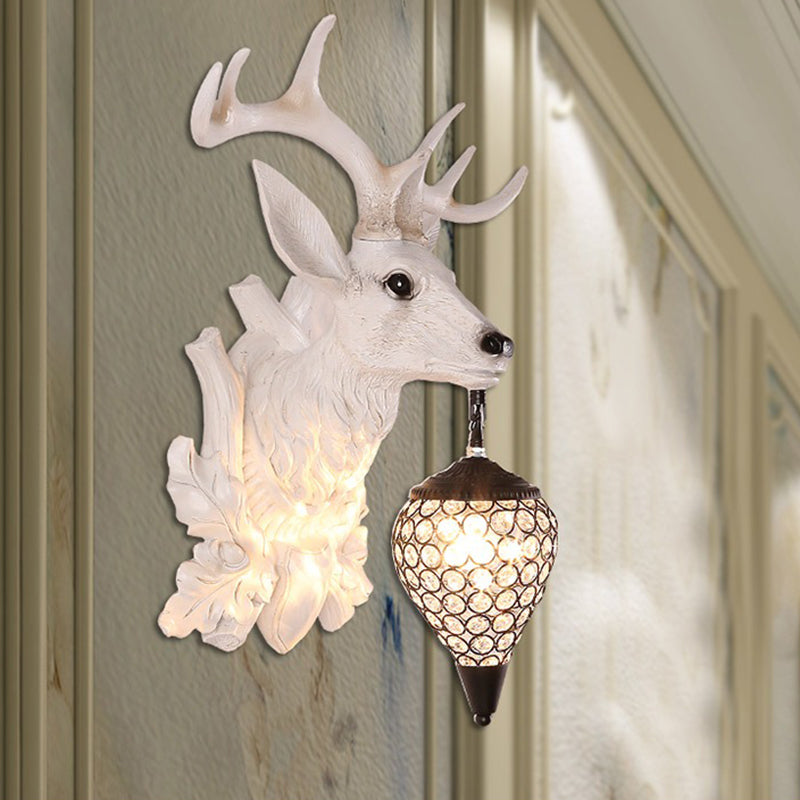 Rustic White Elk Wall Sconce With Crystal Shade - Indoor Lighting Fixture