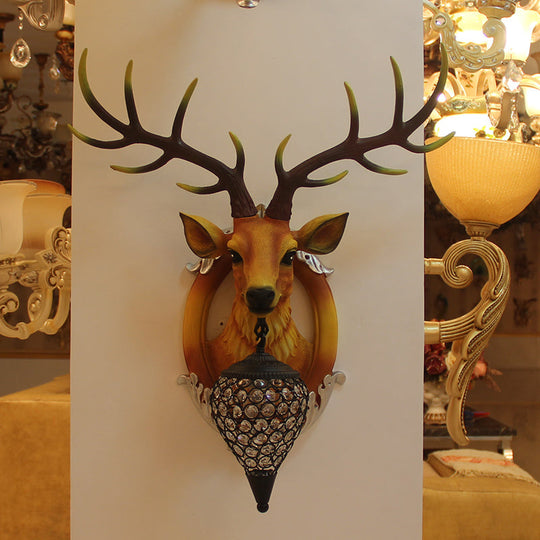 Farmhouse Style Brown Faux Deer Head Sconce Lamp - 16/21 Wide Wall Mounted With Crystal Shade