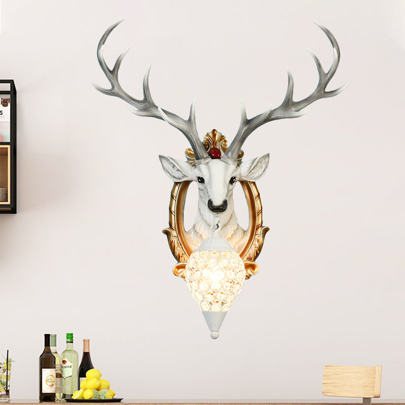 Gridded Raindrop Sconce Wall Mounted Lamp With Deer Resin Accent Countryside White/Yellow Crystal