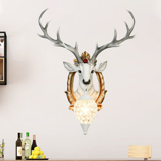 Gridded Raindrop Sconce Wall Mounted Lamp With Deer Resin Accent Countryside White/Yellow Crystal