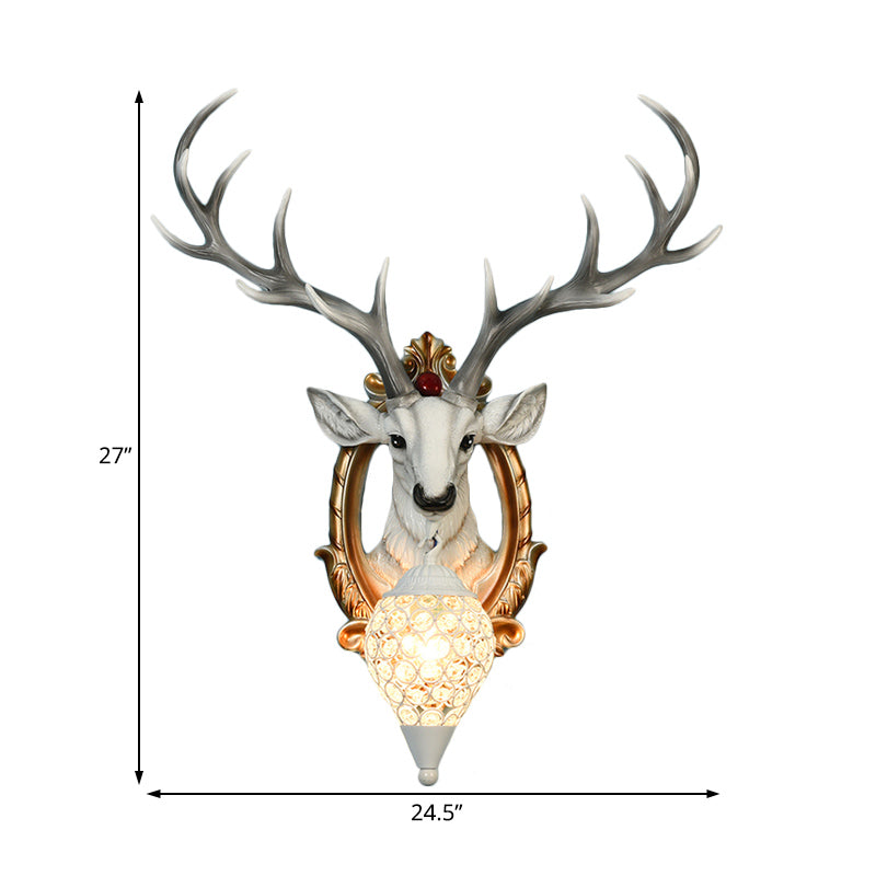 Gridded Raindrop Sconce Wall Mounted Lamp With Deer Resin Accent Countryside White/Yellow Crystal