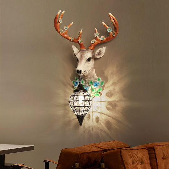 Elk Head Farmhouse Sconce: 1-Light Black & White Resin Wall Lamp With Flower Detail And Raindrop