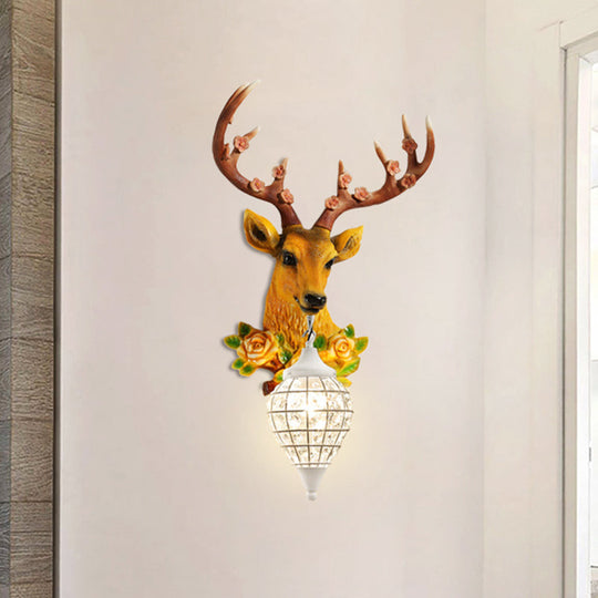 Elk Head Farmhouse Sconce: 1-Light Black & White Resin Wall Lamp With Flower Detail And Raindrop