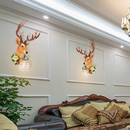 Elk Head Wall Sconce With Crystal Globe Shade Rustic White/Wood Finish And Flower Designs