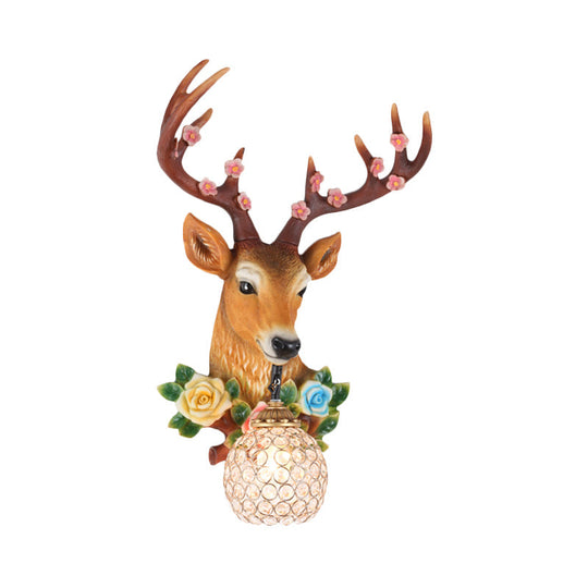 Elk Head Wall Sconce With Crystal Globe Shade Rustic White/Wood Finish And Flower Designs