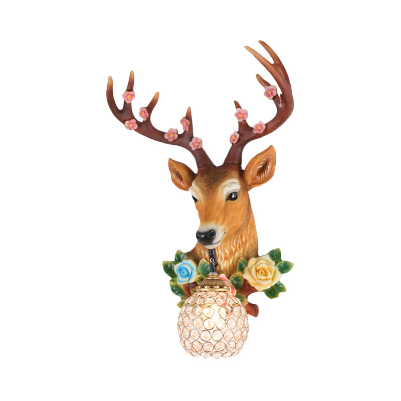 Elk Head Wall Sconce With Crystal Globe Shade Rustic White/Wood Finish And Flower Designs
