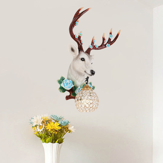 Elk Head Wall Sconce With Crystal Globe Shade Rustic White/Wood Finish And Flower Designs