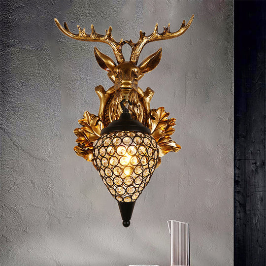 Farmhouse Teardrop Crystal Wall Mount Sconce With Elk Head Backplate - Brown/Gold 12/19.5