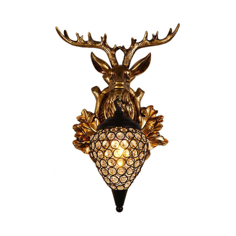 Farmhouse Teardrop Crystal Wall Mount Sconce With Elk Head Backplate - Brown/Gold 12/19.5