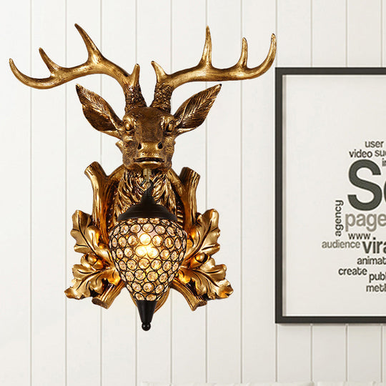 Farmhouse Teardrop Crystal Wall Mount Sconce With Elk Head Backplate - Brown/Gold 12/19.5