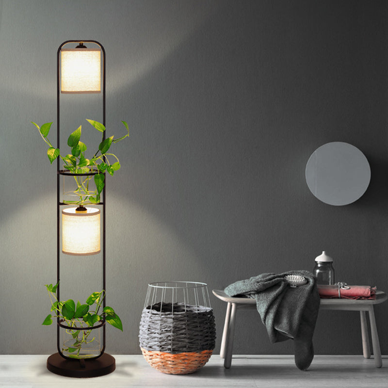 Modern Black Fabric Drum Floor Lamp With Clear Glass Pot Deco - 1/2-Light Lighting For Warehouses