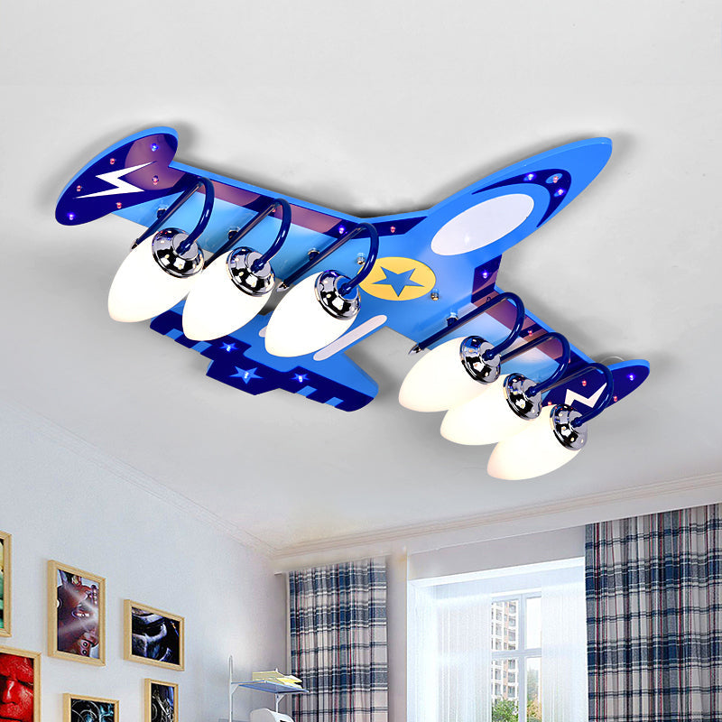 Blue Wood Jet Ceiling Light Fixture With 6 Cartoon Bulbs - Perfect For Childs Room