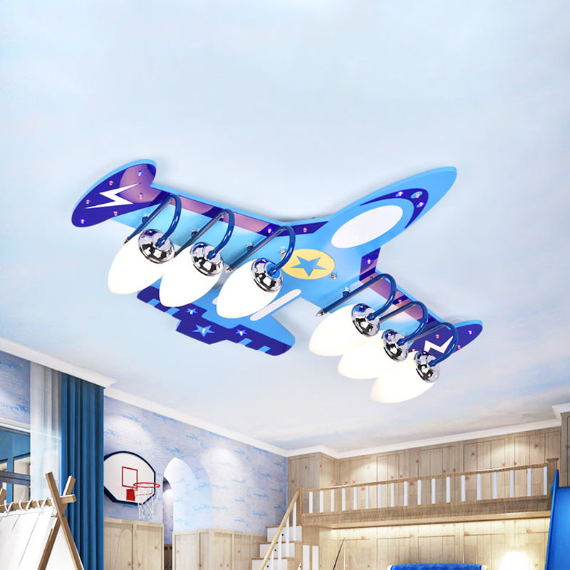 Blue Wood Jet Ceiling Light Fixture With 6 Cartoon Bulbs - Perfect For Child’s Room