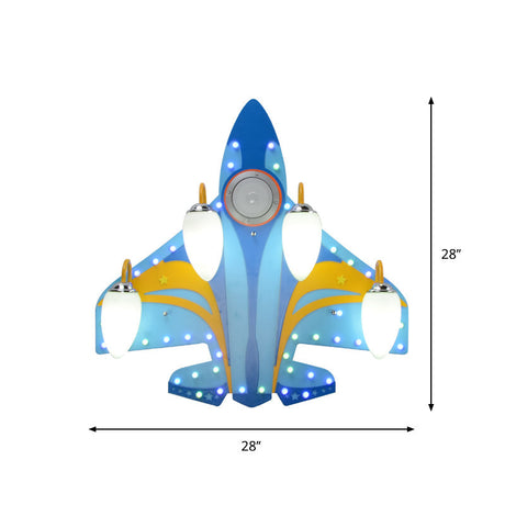 Blue Cartoon Wooden Jet Close To Ceiling Light - 4 Heads Bedroom Flush Fixture